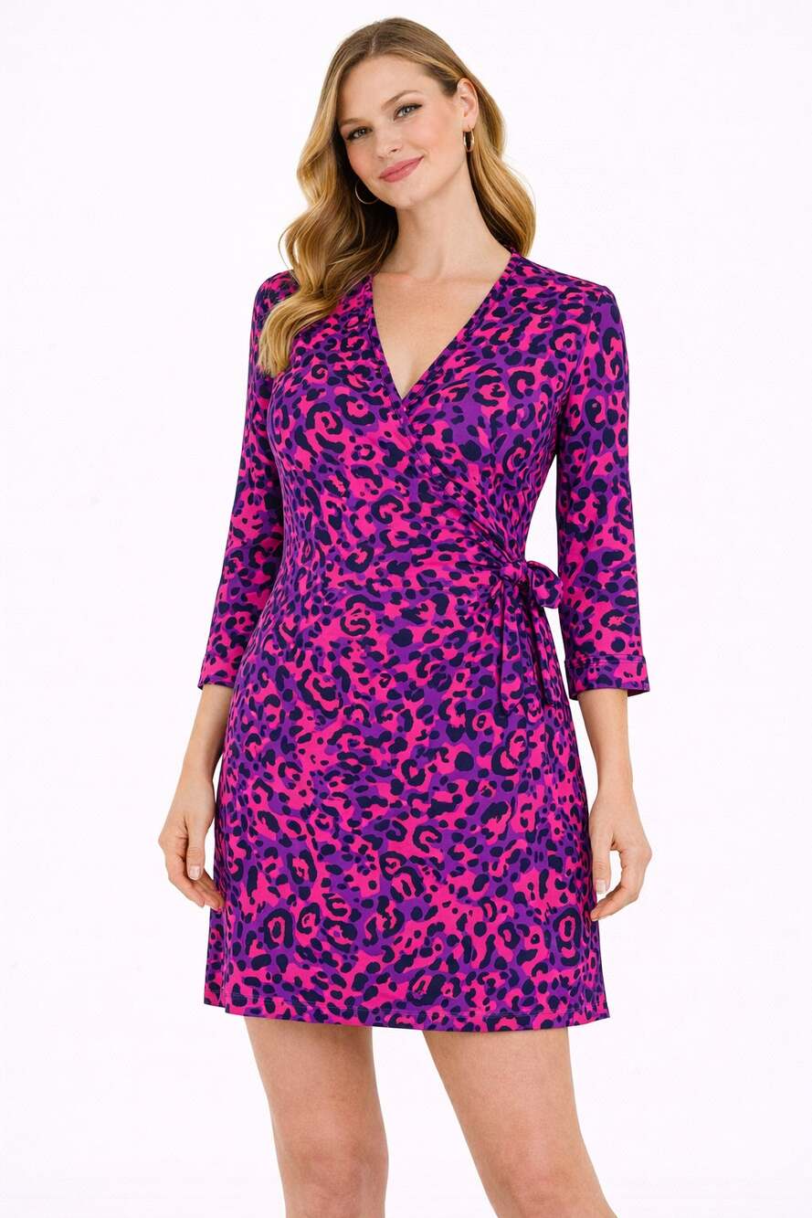 Julie Brown Mini Wrap Dress 3/4 Sleeve Animal Print Purple Pink Womens Small